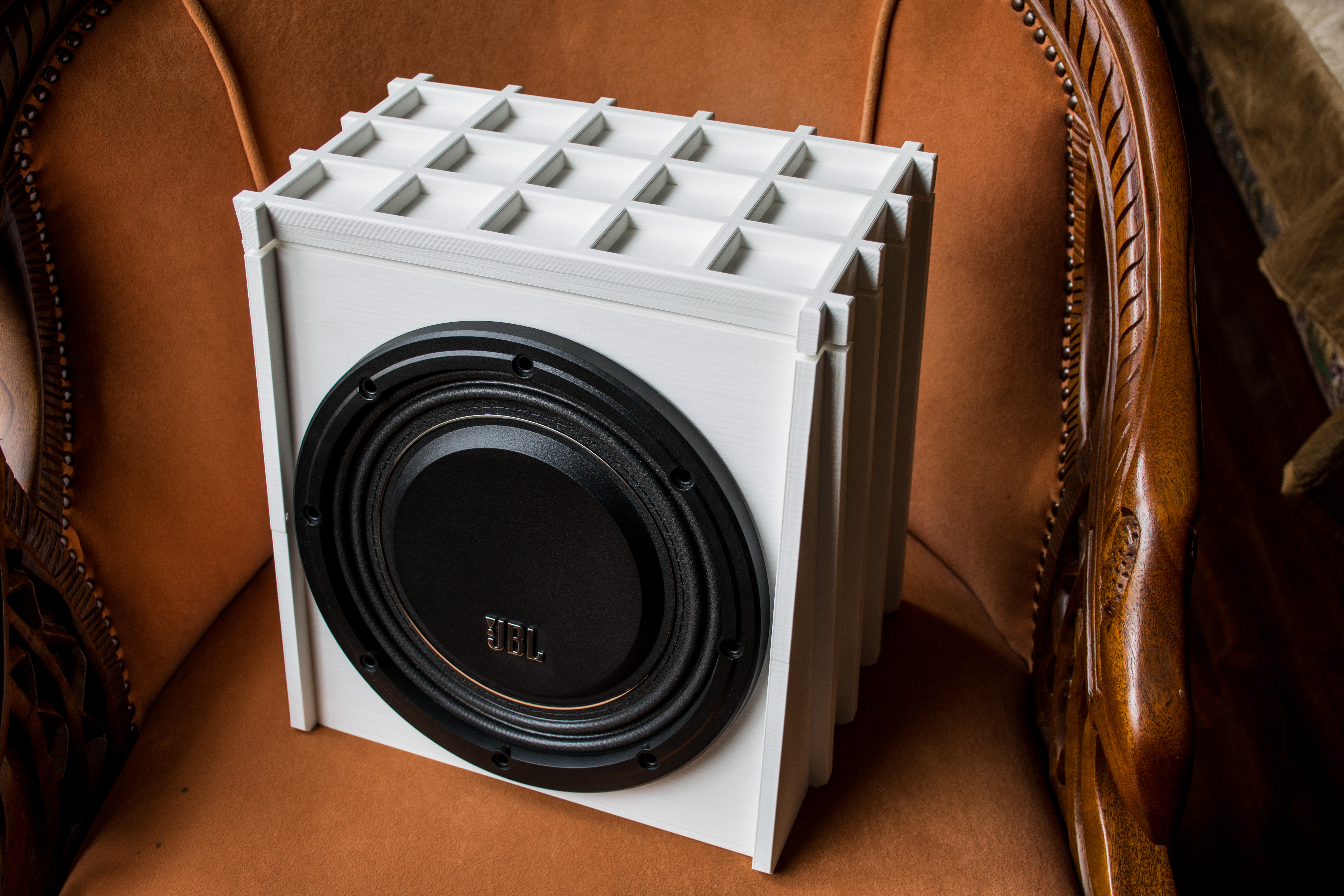 3D printed speaker enclosure with driver fitted